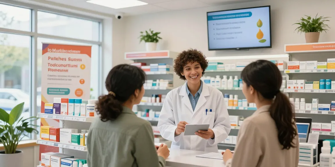 Friendly pharmacist assisting customer at Canada medical shop with wellness products and health advice.