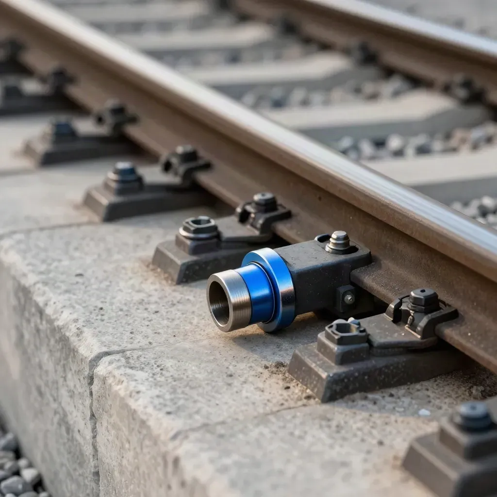 Diagonal close-up of rail signal brackets, bolt heads, and a greased sleeve on pale stone.