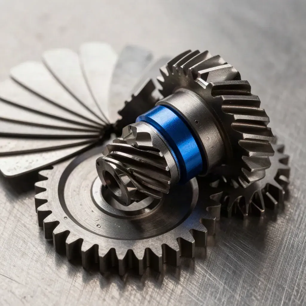 Top-down macro of machined gears, steel shims, and a dark coupling with a blue accent.