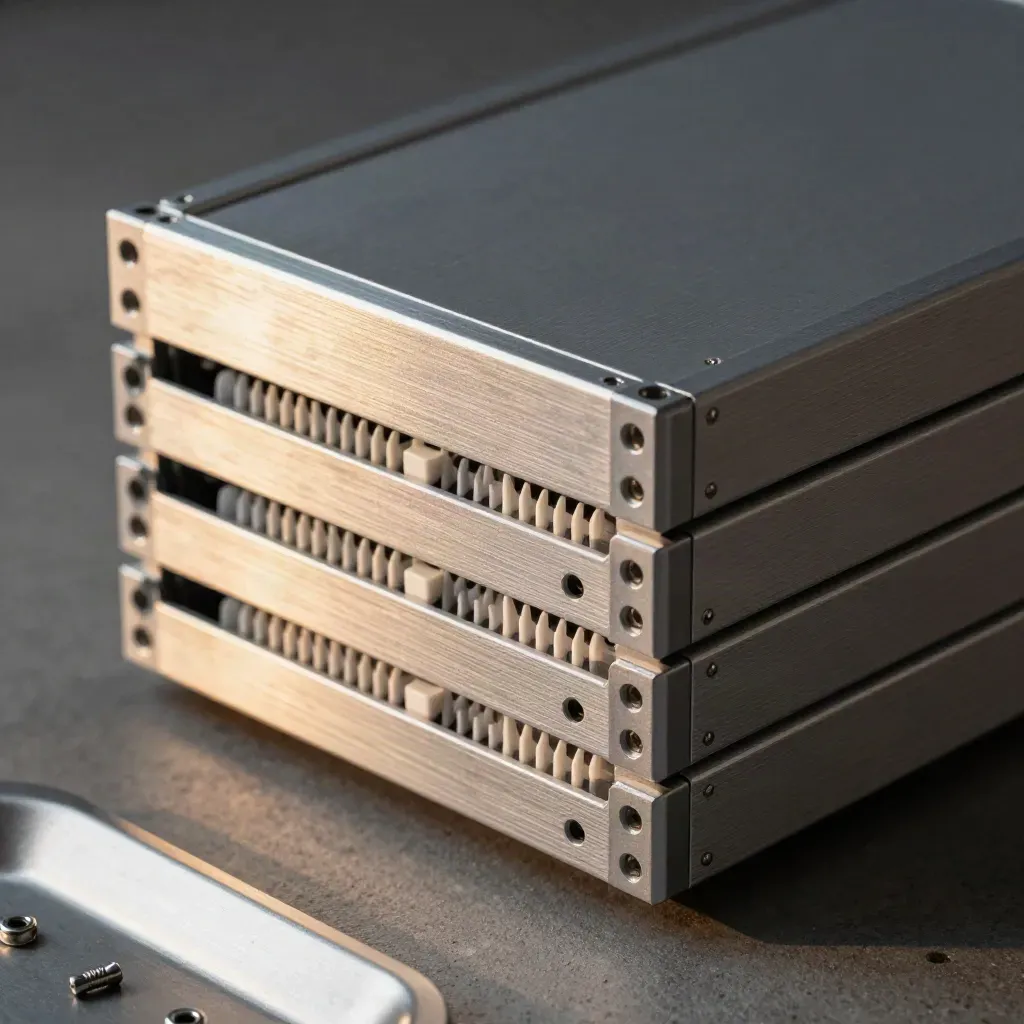 SSD caddies, rack rails and a cable comb on graphite concrete, top-down macro