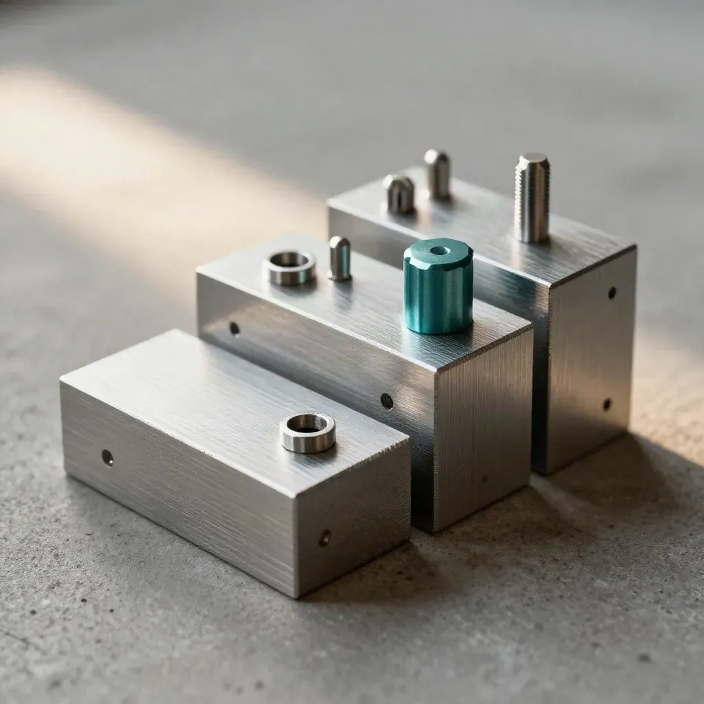 Aluminium alignment blocks, shim plates and pins on a matte concrete surface.