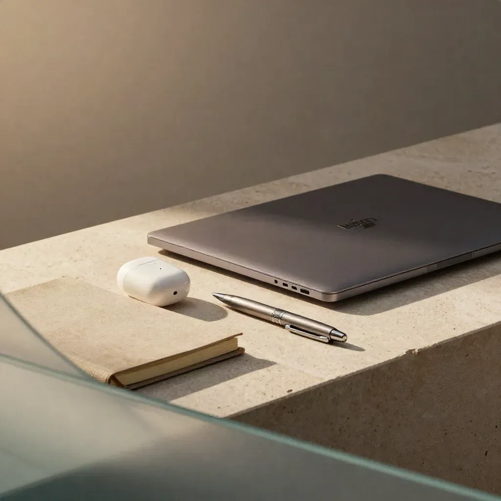 Closed laptop with earbuds case, notebook, and pen behind frosted glass.